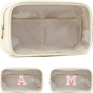 Clear Makeup Bag with 2 Customizable Chenille Letters - Waterproof PU Leather Co